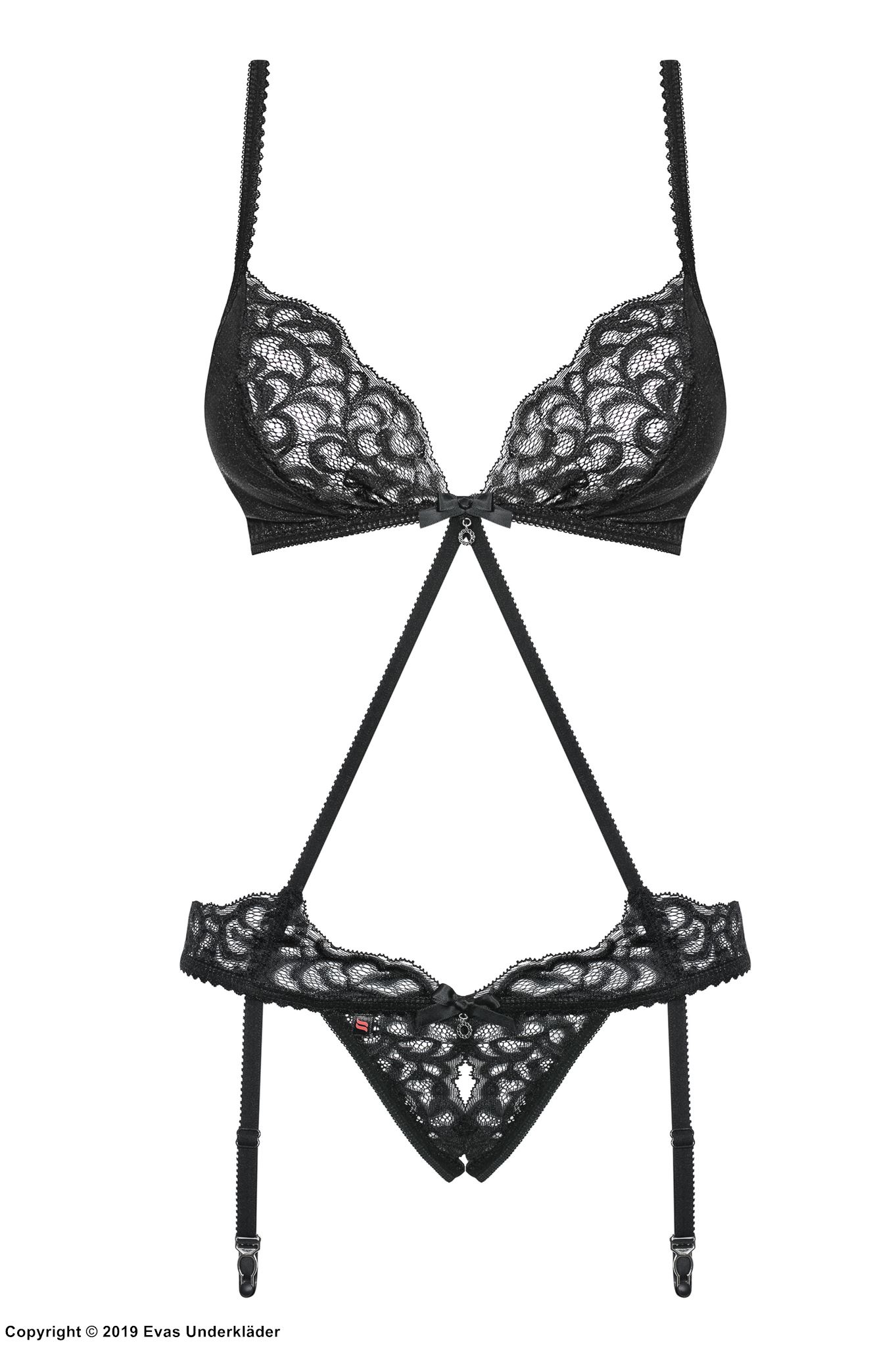 Sexy lingerie set, open crotch, thin straps, lace inlays